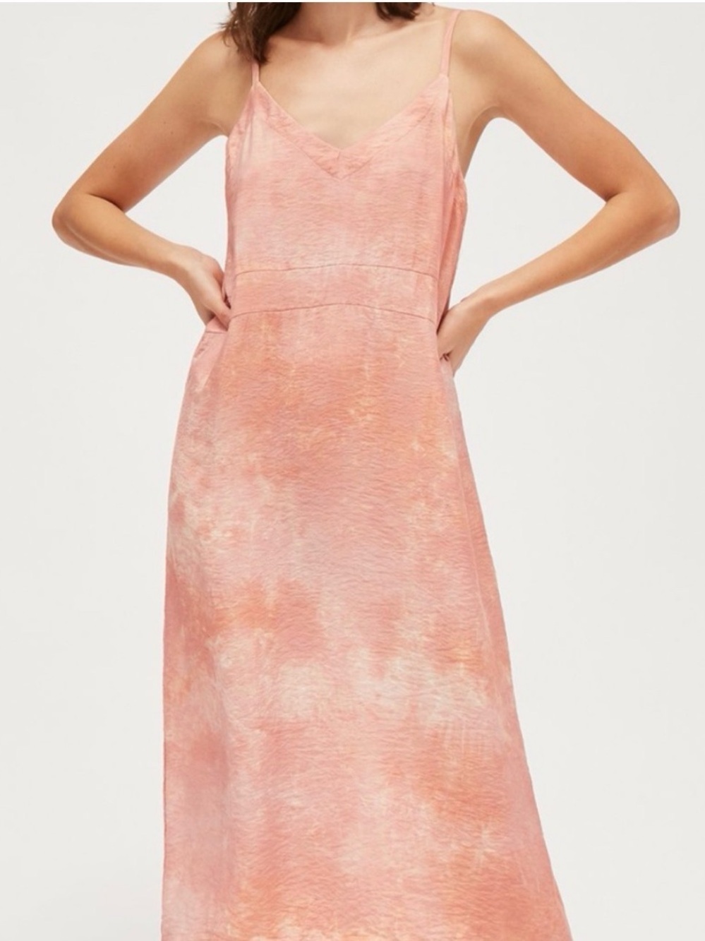 LACAUSA Alma Slip Dress Coral Tie Dye Midi Womenโs XS Coastal Summer Feminine